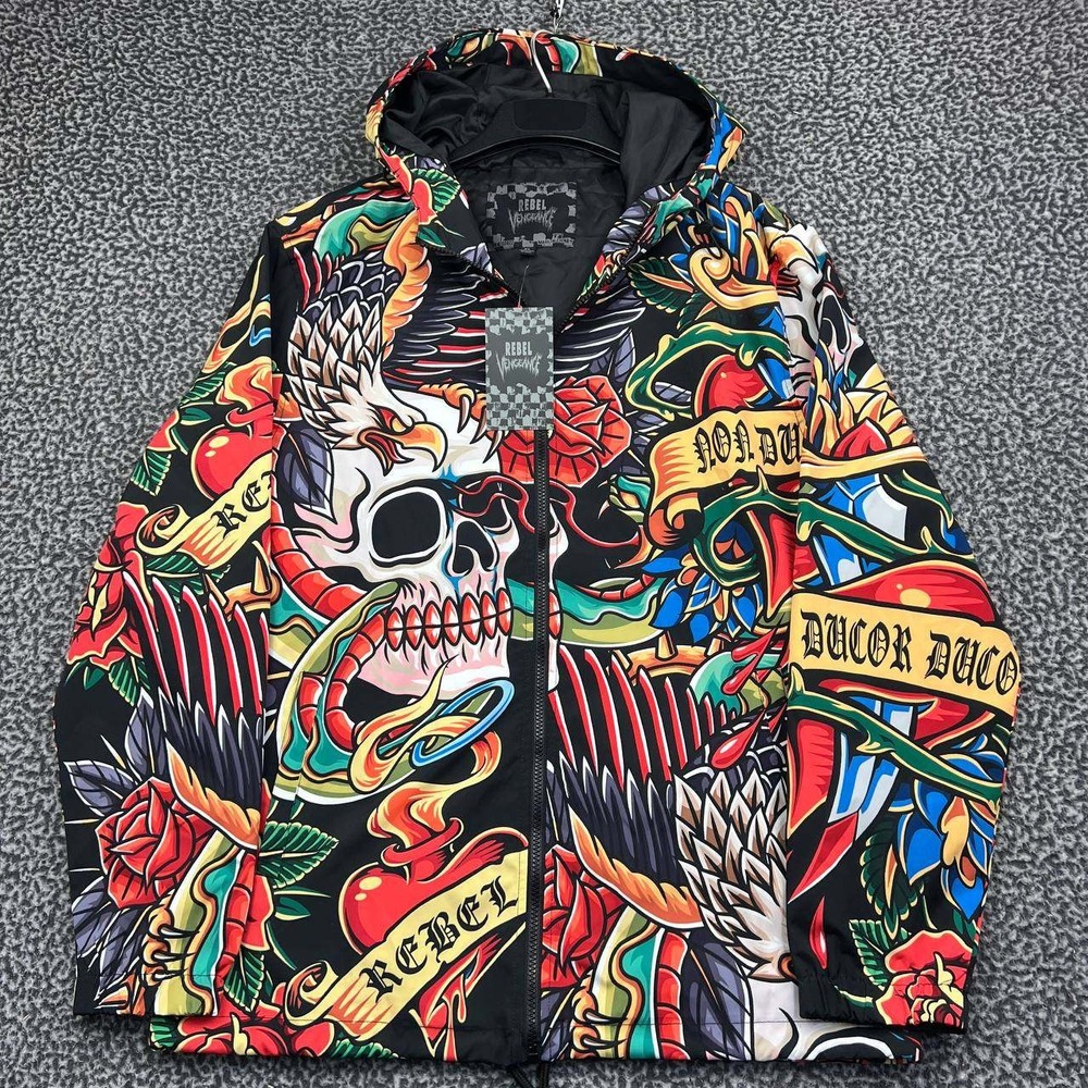 Rebel Vengeance Windbreaker Jacket Men XL Tattoo Print Hooded Skull Eagle New